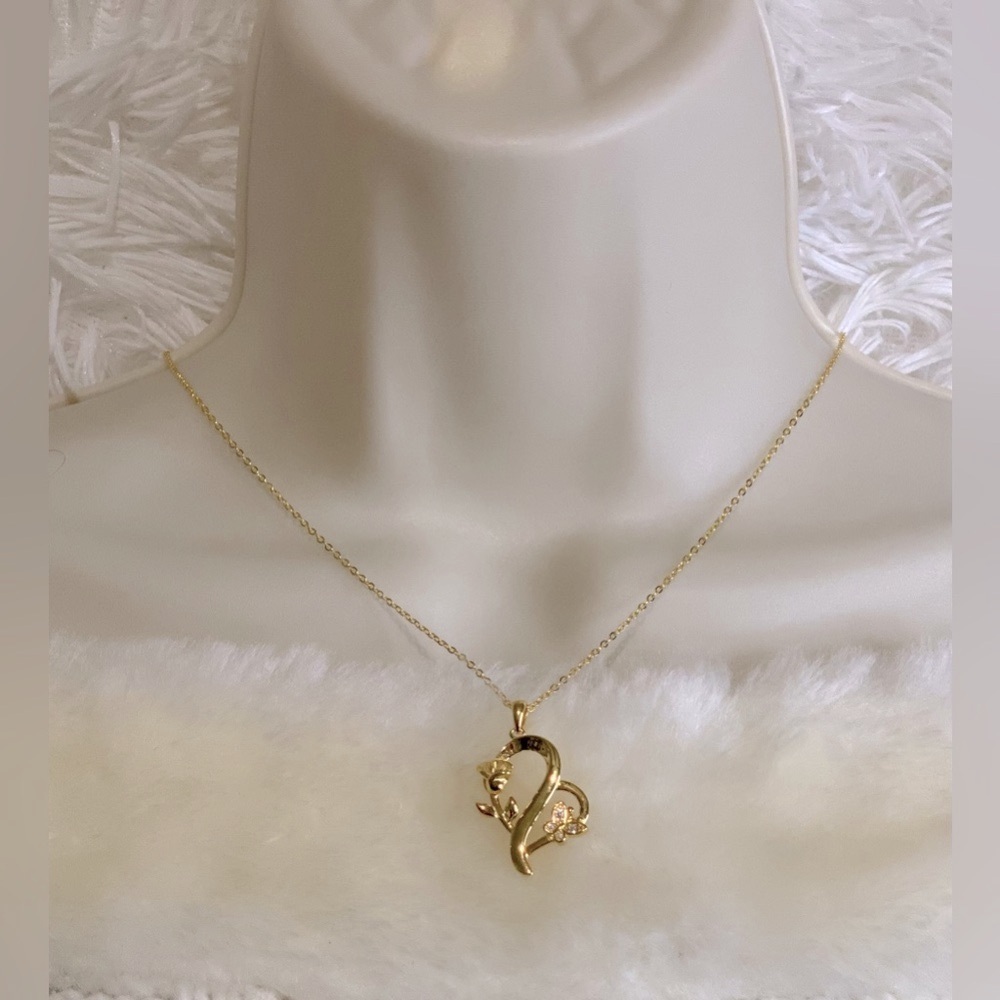 925 Sterling Silver Heart Rose Butterfly Pendant Necklace with Crystal Accents - Picture 3 of 15